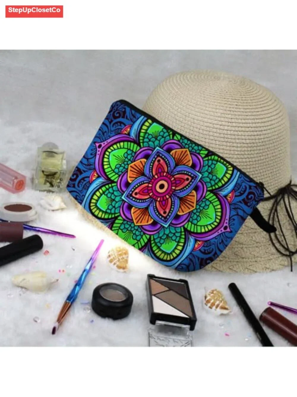 Mandala Flowers Padded Cosmetic Bag Zipper Pouch Travel Makeup Organizer